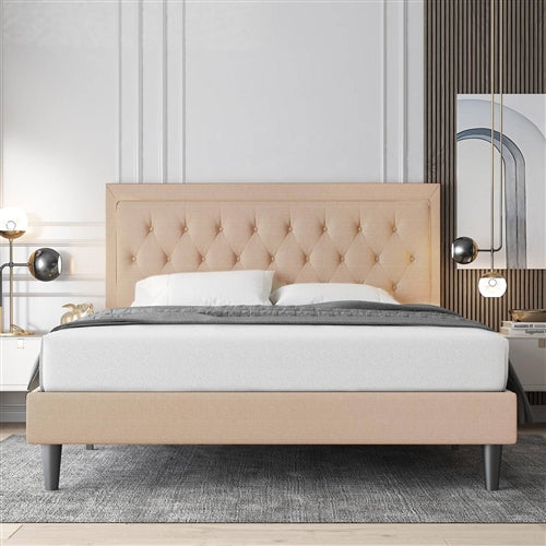 King size Beige Linen Platform Bed Frame with Button Tufted Headboard