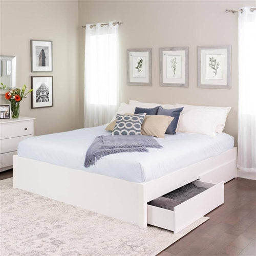 King Size 4 Drawer Storage White Wooden 4 Post Platform Bed Frame